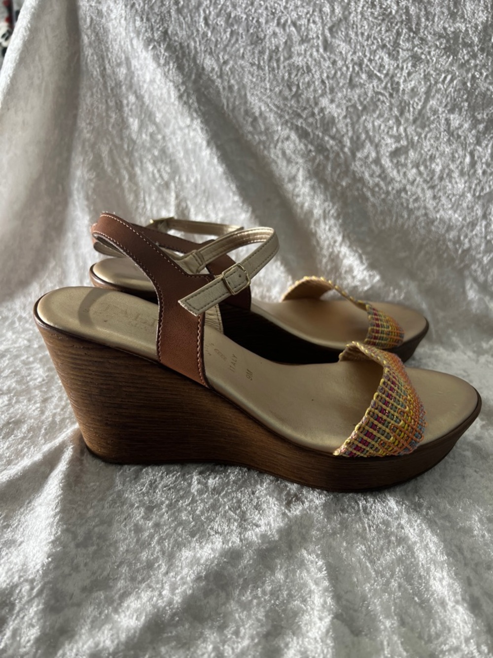Italian Shoemakers Multicolor Woven Front Wedge Sandals with Tan Straps